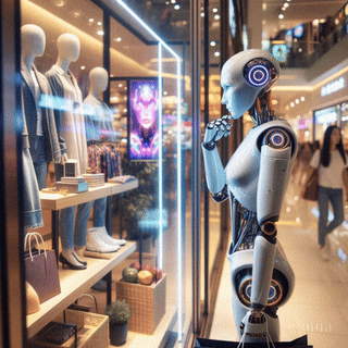 AI-powered robot analysing and making purchase decisions in a futuristic digital shopping environment, symbolising the autonomous B2B buyer journey.