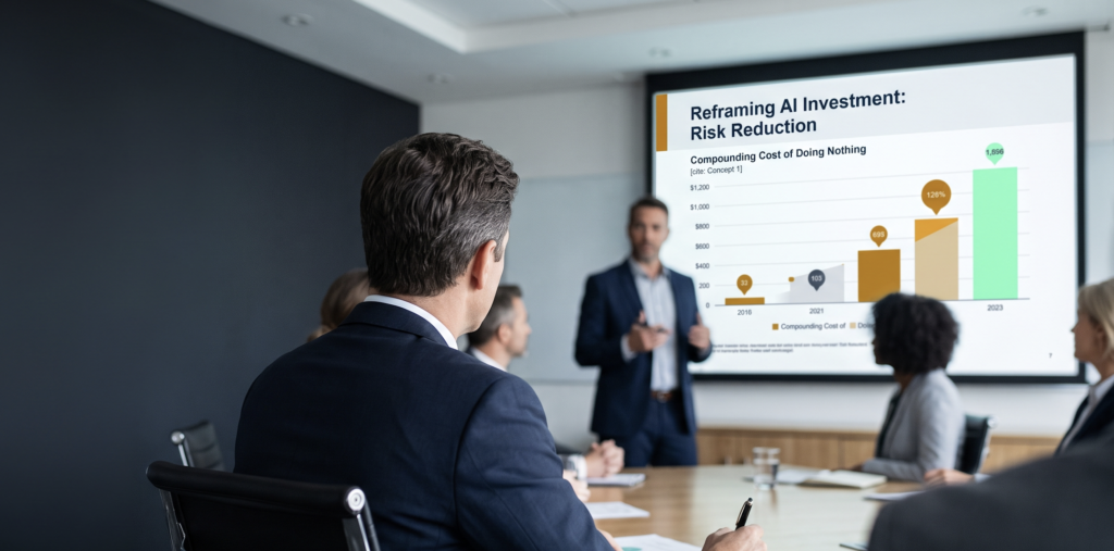 Business meeting: a man in a suit presents a slide with a bar chart titled 'Reframing AI Investment: Risk Reduction' to seated colleagues in a conference room.