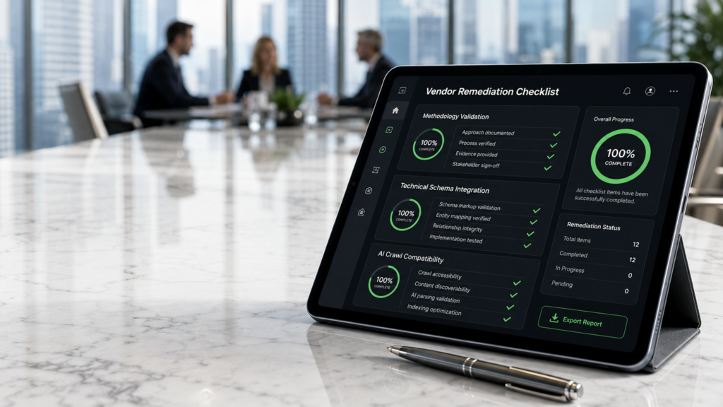 Tablet screen shows Vendor Remediation Checklist dashboard with 100% complete; blurred office background.